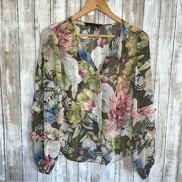 White House Black Market Tops - White House Black Market Pleated Butterfly Printed Blouse